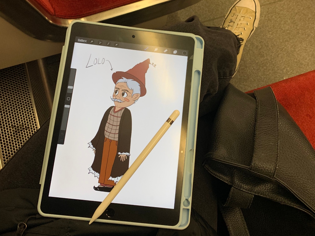 Digital drawing on a tablet of a cartoon old man.