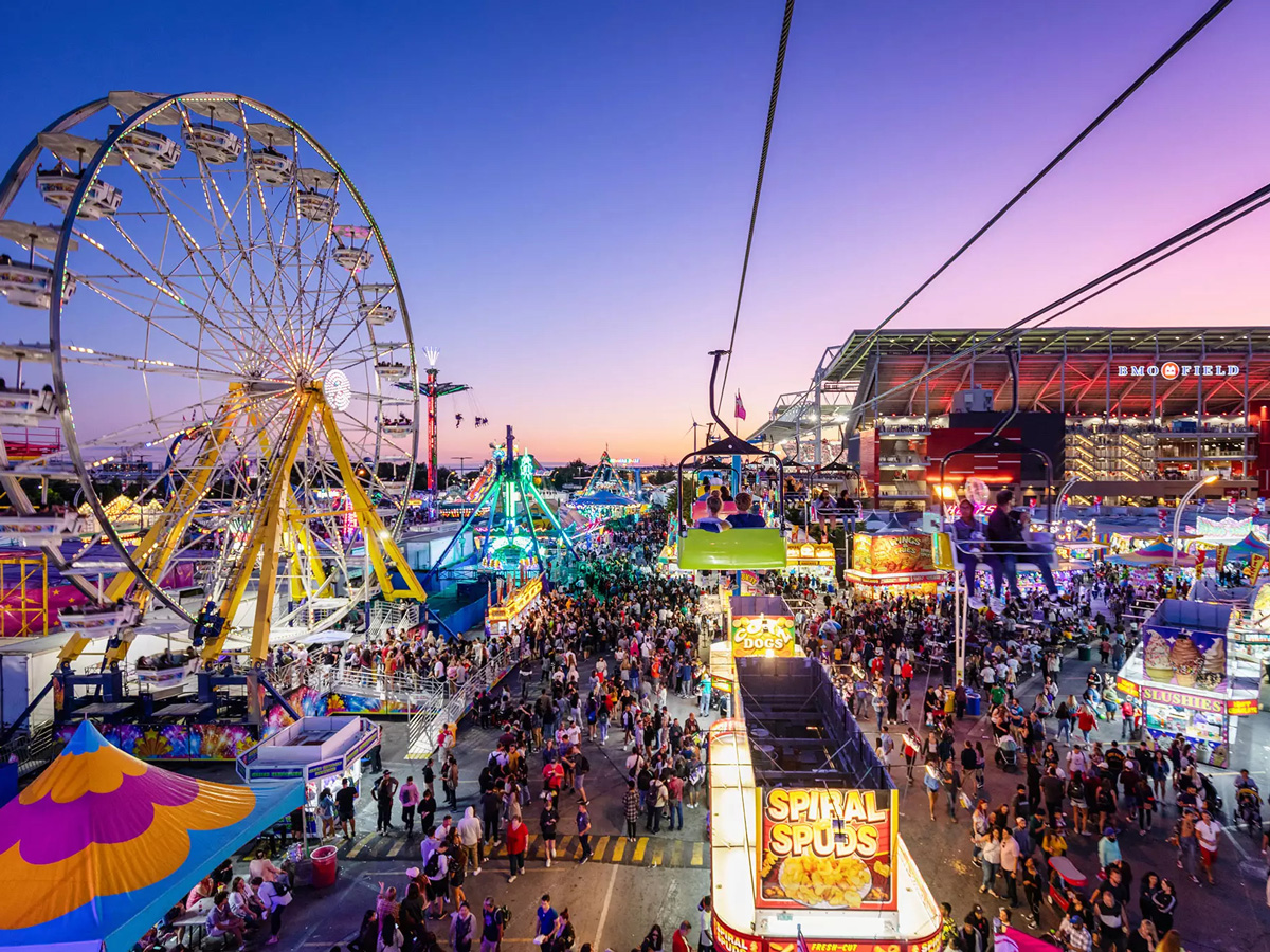 A birds-eye view of the CNE Midway at sunset.