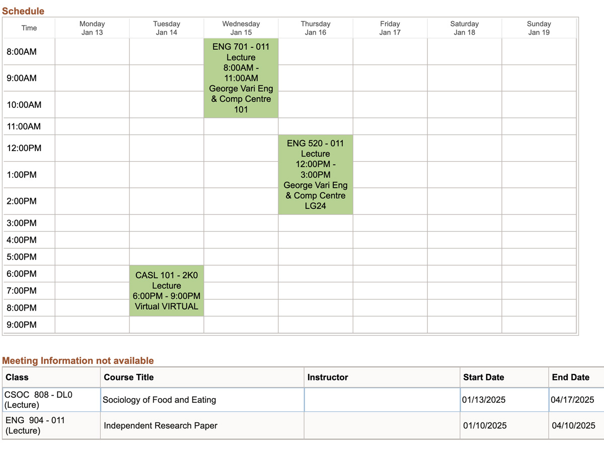 Claire's class schedule includes class blocks on Tuesday, Wednesday and Thursday. Each block includes the course code, time and location.