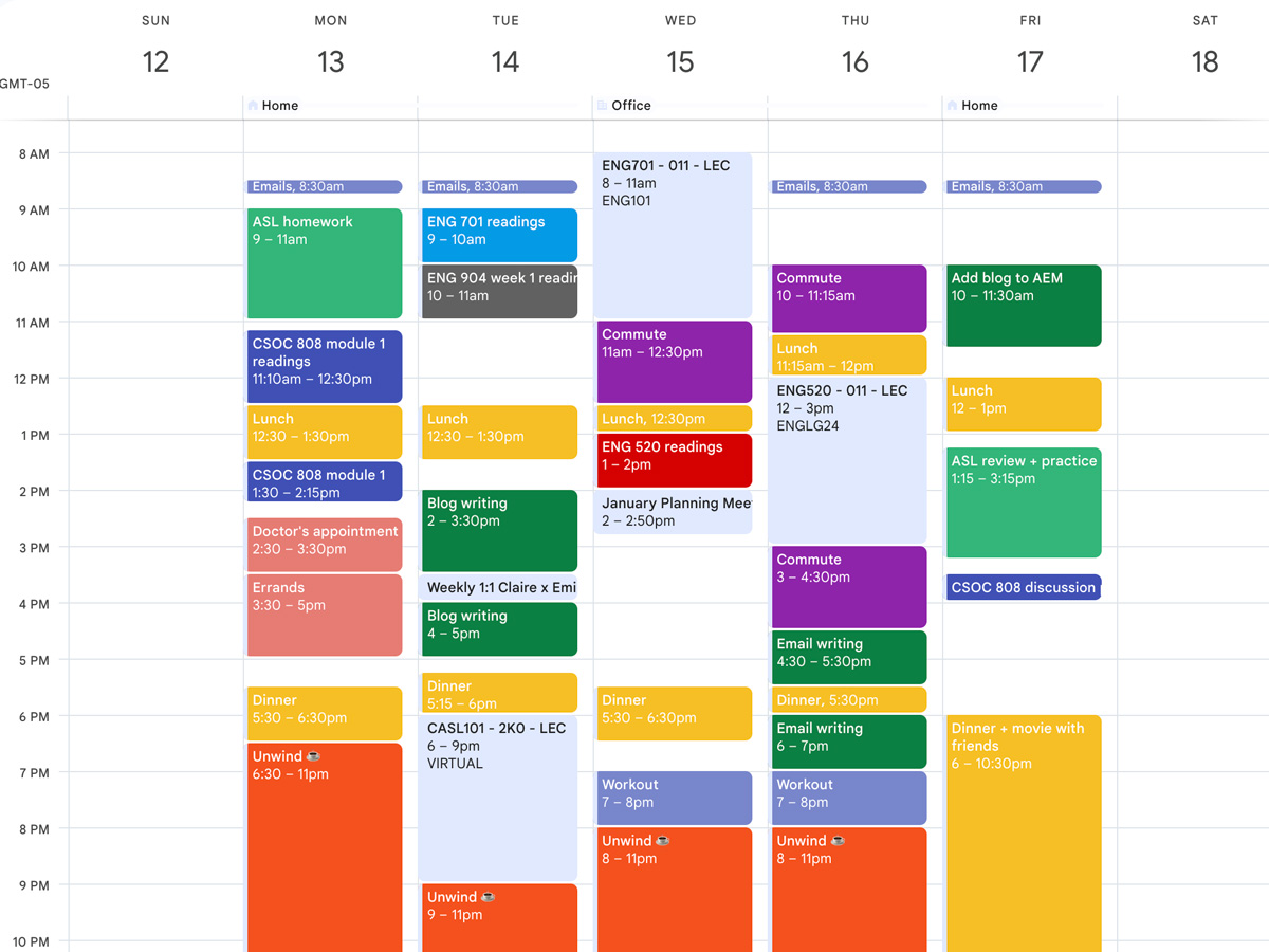 Claire's calendar in Google includes colourful time blocks from Monday to Friday. Each block includes a title and the time range.