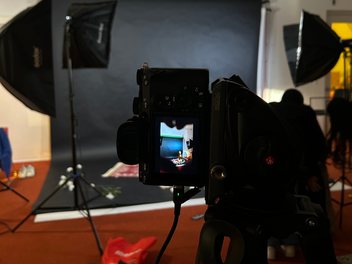 Using the Media Production Studio with a black backdrop on the fifth floor of the Student Learning Centre.