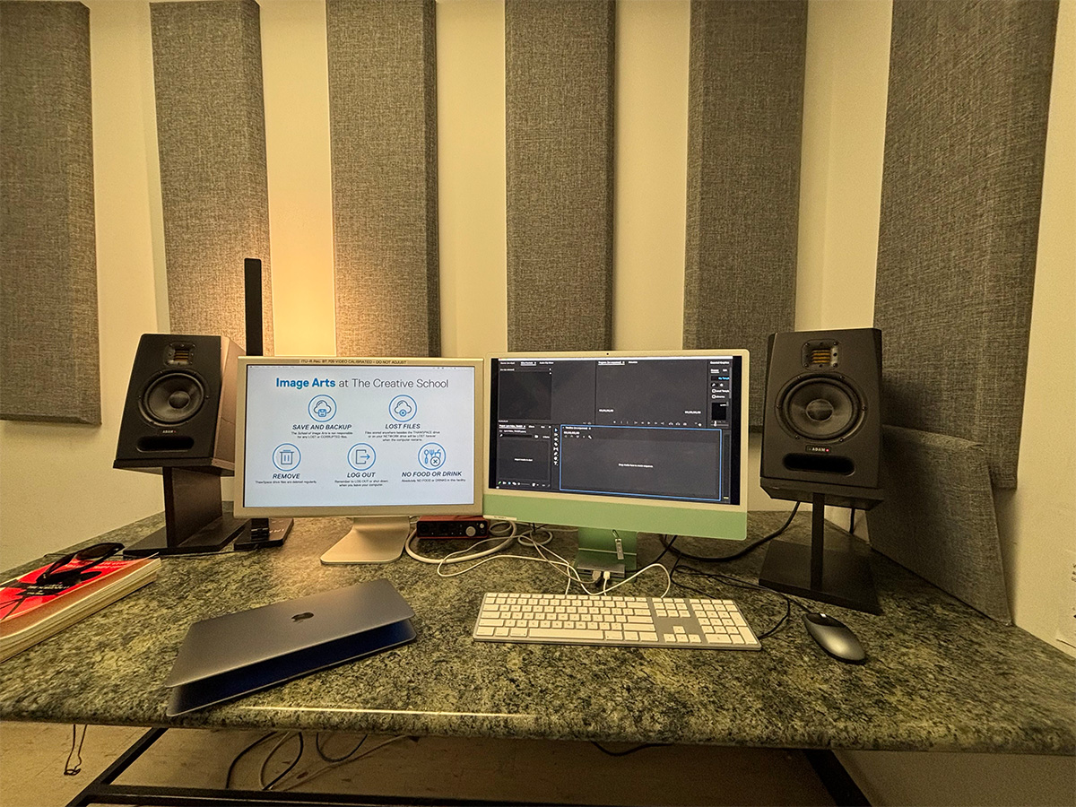 An audio and video editing suite inside the Image Arts building on campus.