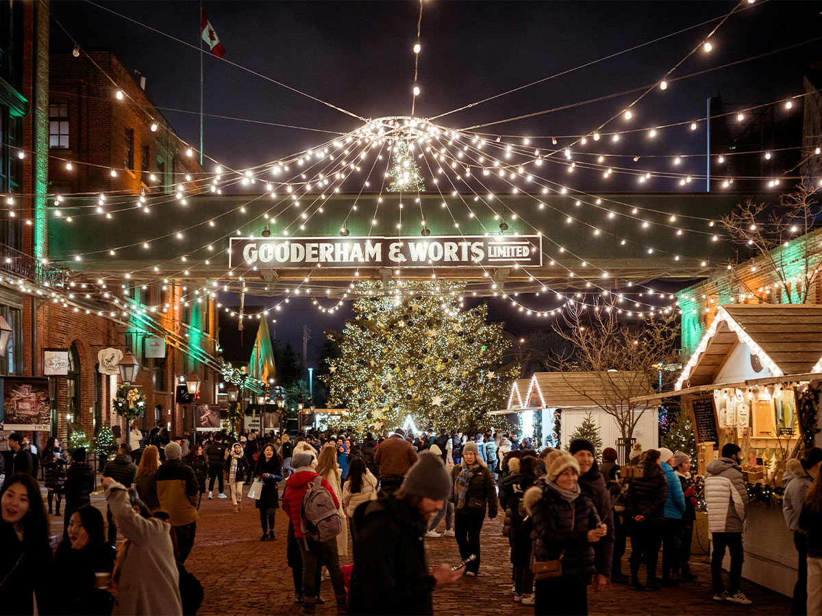 People walk through the illuminated cobblestone street of the Distillery District in the evening, where a large Christmas tree stands in the background.