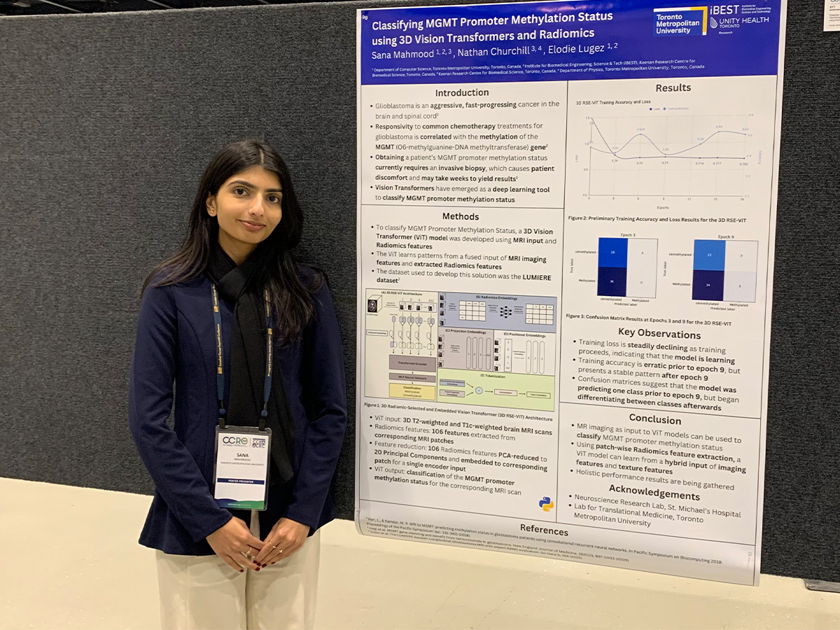 Sana presenting her research board at the Canadian Cancer Research Conference.