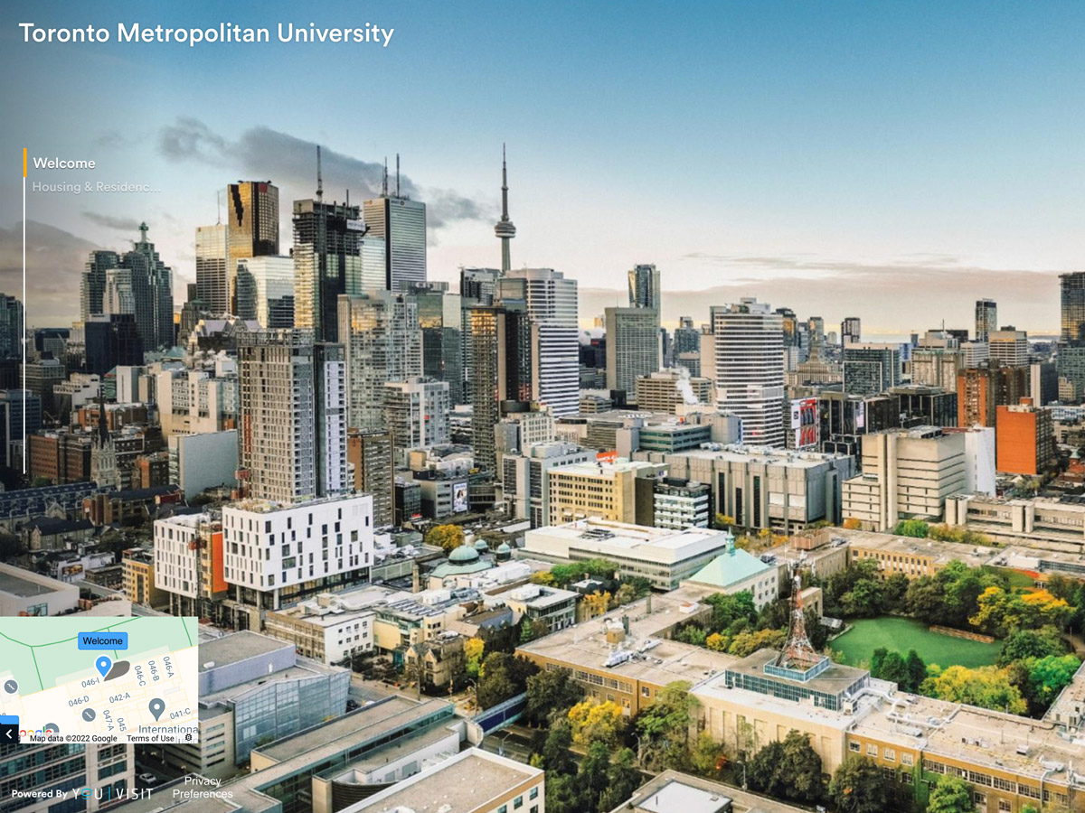 Toronto Metropolitan University virtual tour welcome screen.