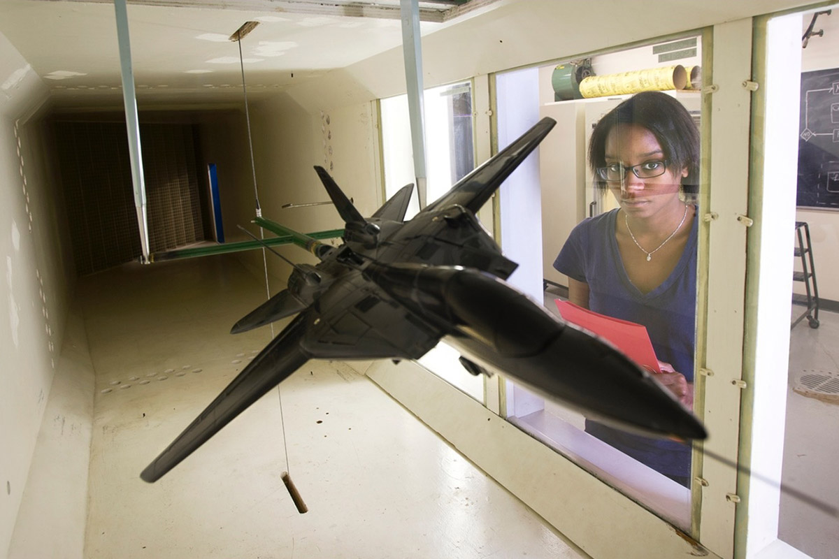 Student using the subsonic wind tunnel