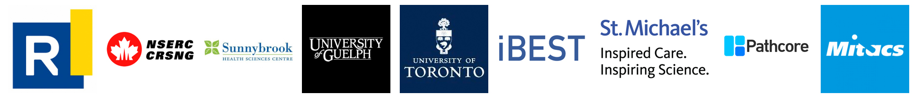 Logos of lab partners, including Ryerson, NSERC, Sunnybrook, University of Guelph, University of Toronto, iBest, St. Michael's, Pathcore, and Mitacs.