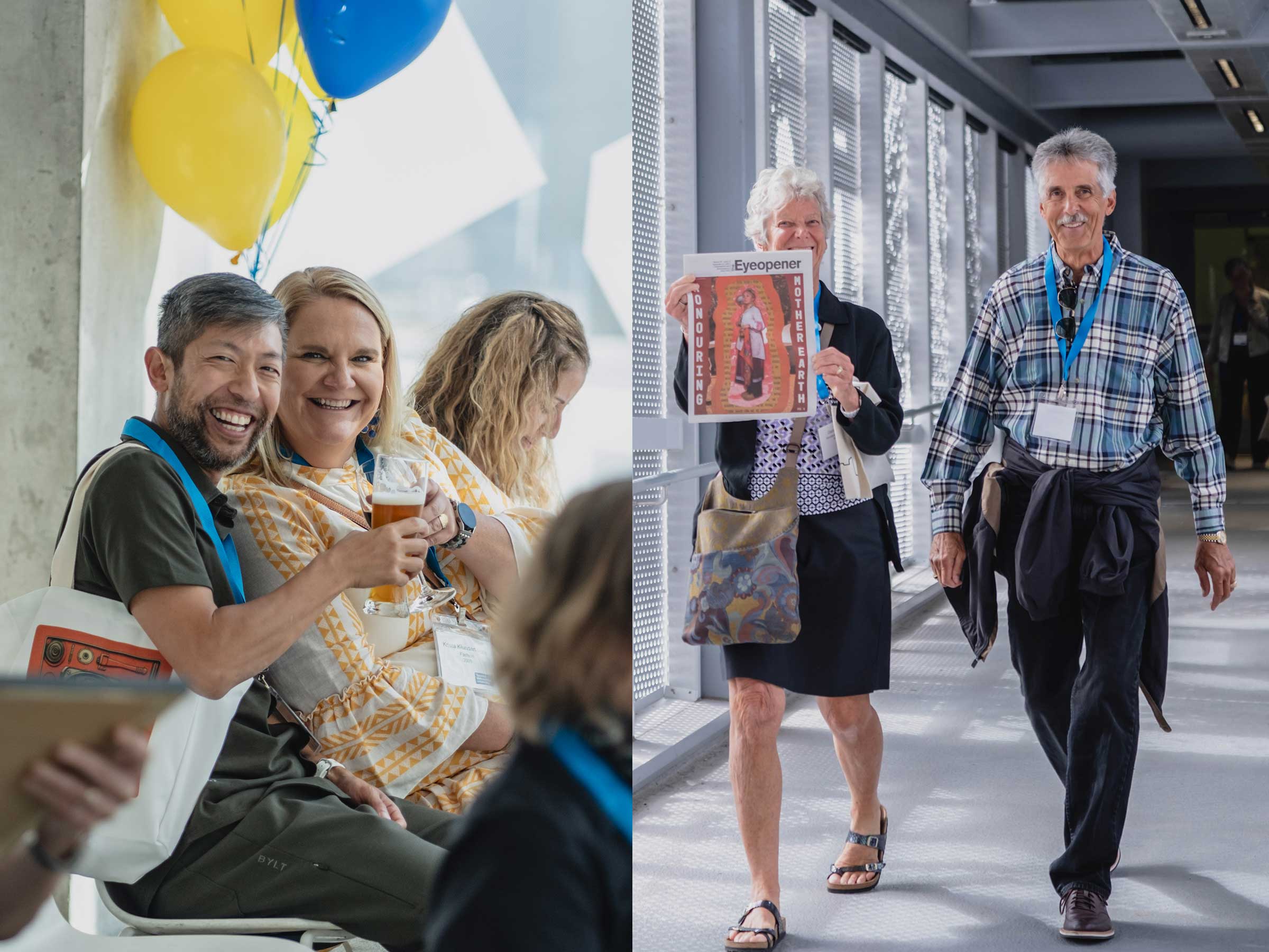 Collage with two alumni smiling enjoying beer and two alumni walking down hall displaying copy of The EyeOpener newspaper