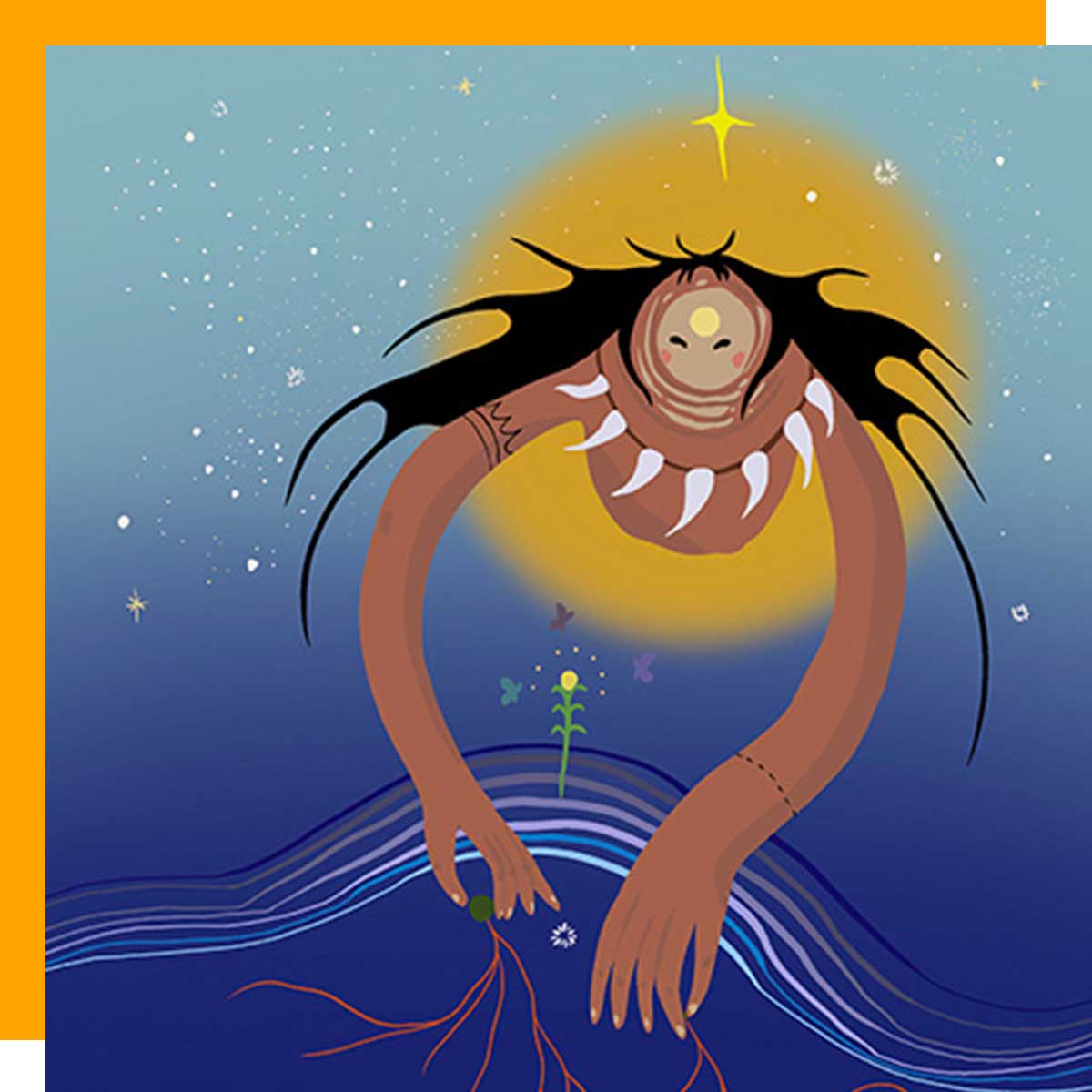 An illustration of a woman looking down on earth from the sky, roots coming from her fingers. 