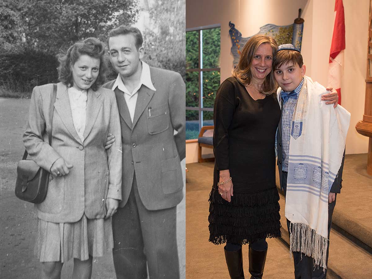 Left: A black and white photo of a suited man holding the elbow of a woman in a skirt and jacket. They stand outdoors. Right: A woman has her arms around a teenage boy. The boy wears a head covering and blue and white prayer shawl.