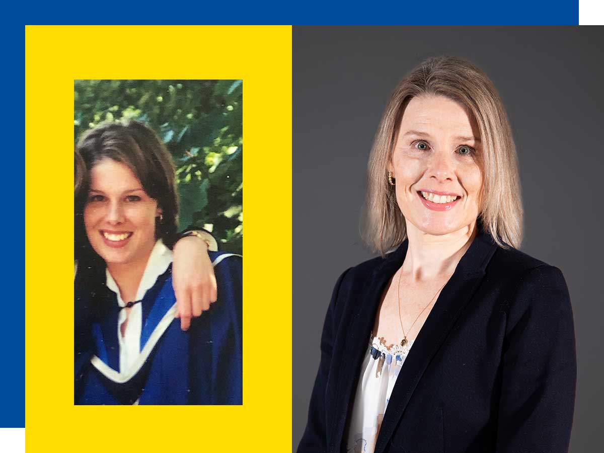 Gillian Bagiamis at convocation in 1997 (left) and today (right)