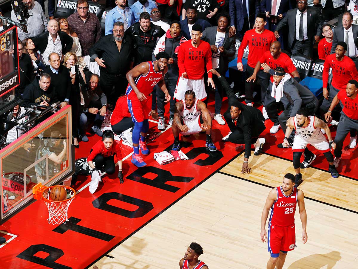 Kawhi Leonard #2 of the Toronto Raptors hits the game-winning shot against the Philadelphia 76ers during Game Seven of the Eastern Conference Semifinals of the 2019 NBA Playoffs