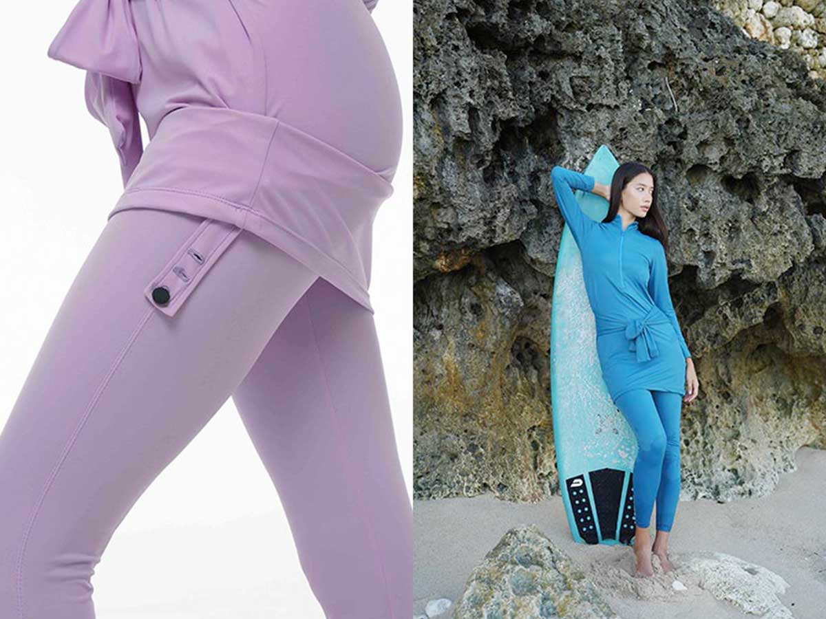 On the left, a close-up of a button fastener on a modest swimwear top, and on the right, a young woman in modest swimwear leans on a blue surfboard in the sand on a beach and in front of a wall of rock.