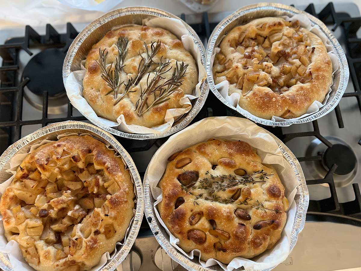 Four of the sweet and savoury sourdough focaccia that Tamar baked as challahs in 2023.