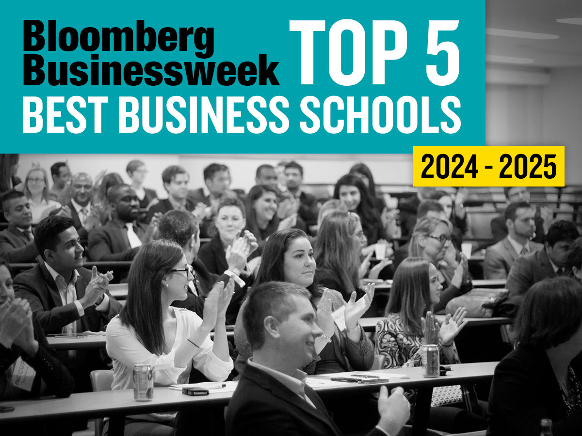 Bloomberg Businessweek Top 5 Best Business Schools 2024-2025 written on top of photo of students sitting inside a lecture hall.