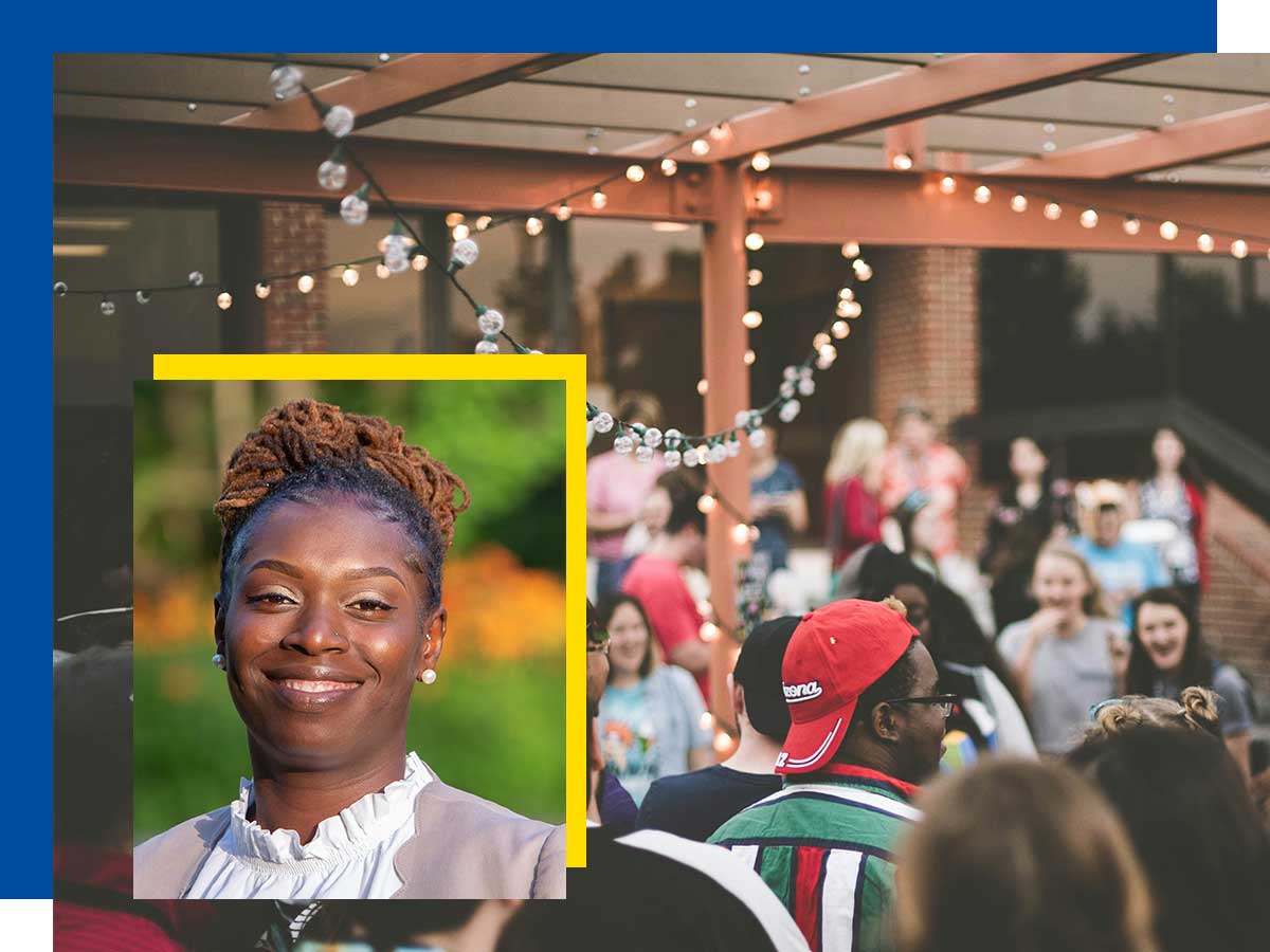 Melanie Amadusun and image of crowd of people having fun outdoors