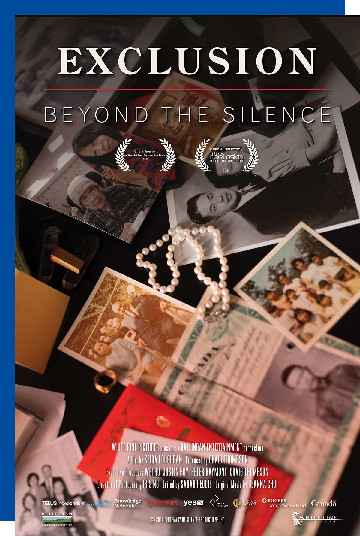 Exclusion movie poster shows family photographs from different generations spread on a table, with a strand of pearls and a gold ring.