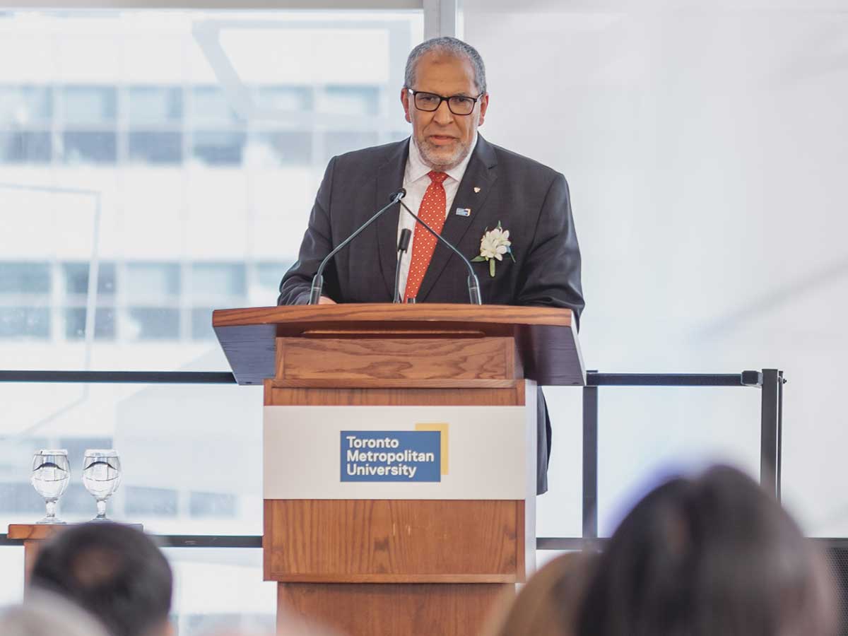 TMU President and Vice-Chancellor Mohamed Lachemi delivers remarks