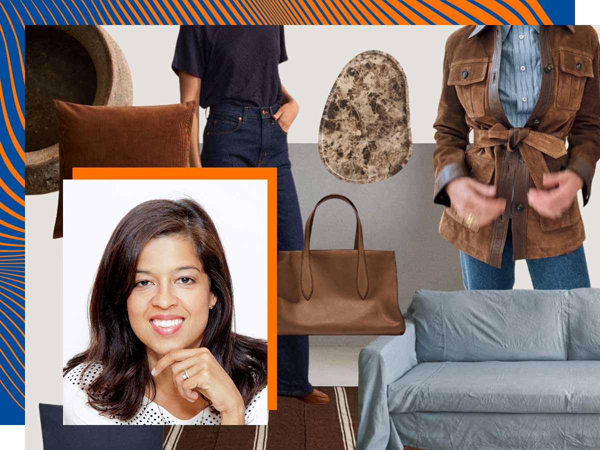 Sandra Rojas-Chinni and a collage of fashion and interior items.