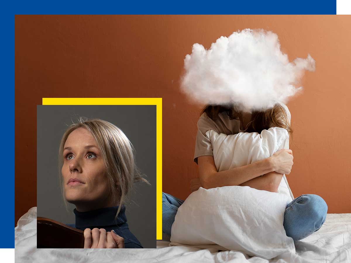 Dena Jackson's photo inset within a full shot model posing with cloud-shaped head