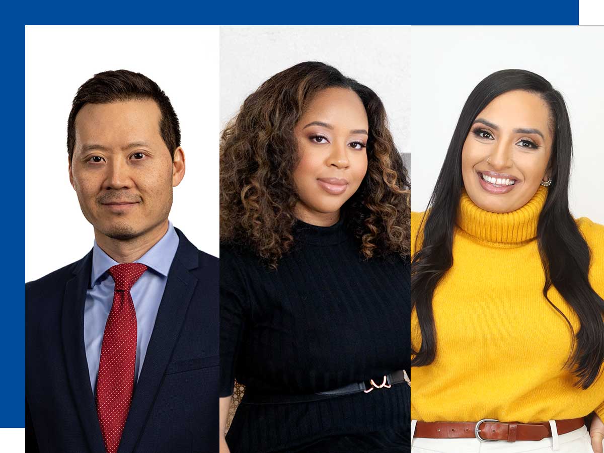 Brian Yoon, Business Management (MBA) ’08, Danica Nelson, Radio and Television Arts ’14, Harprit Gill, Social Work ’15