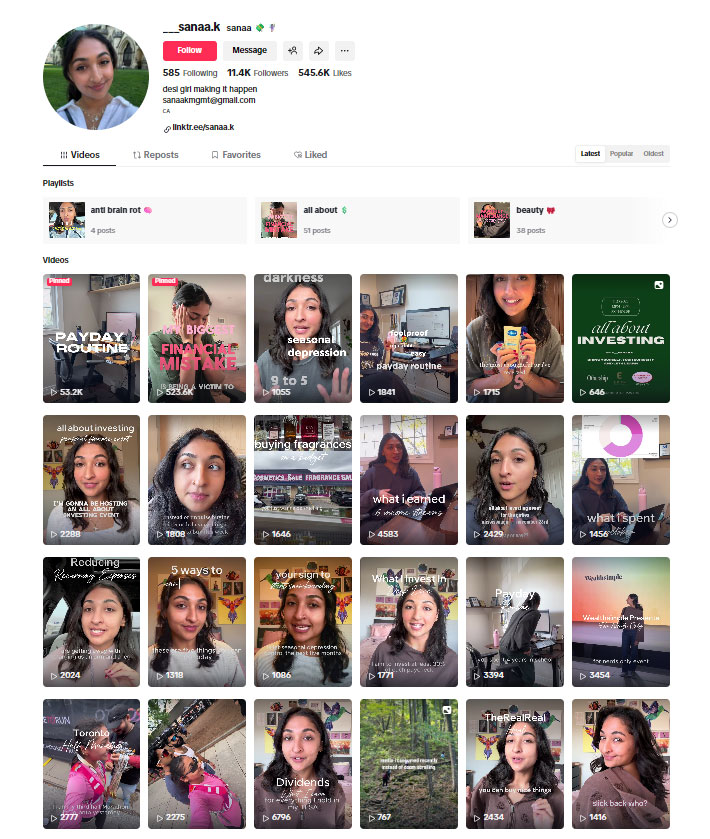 TMU alumna Sanaa Kahloan shares her financial journey and tips on TikTok @___sanaa.k.