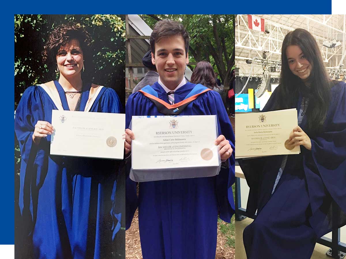 Three images of a mother, daughter and son holding up their degrees.