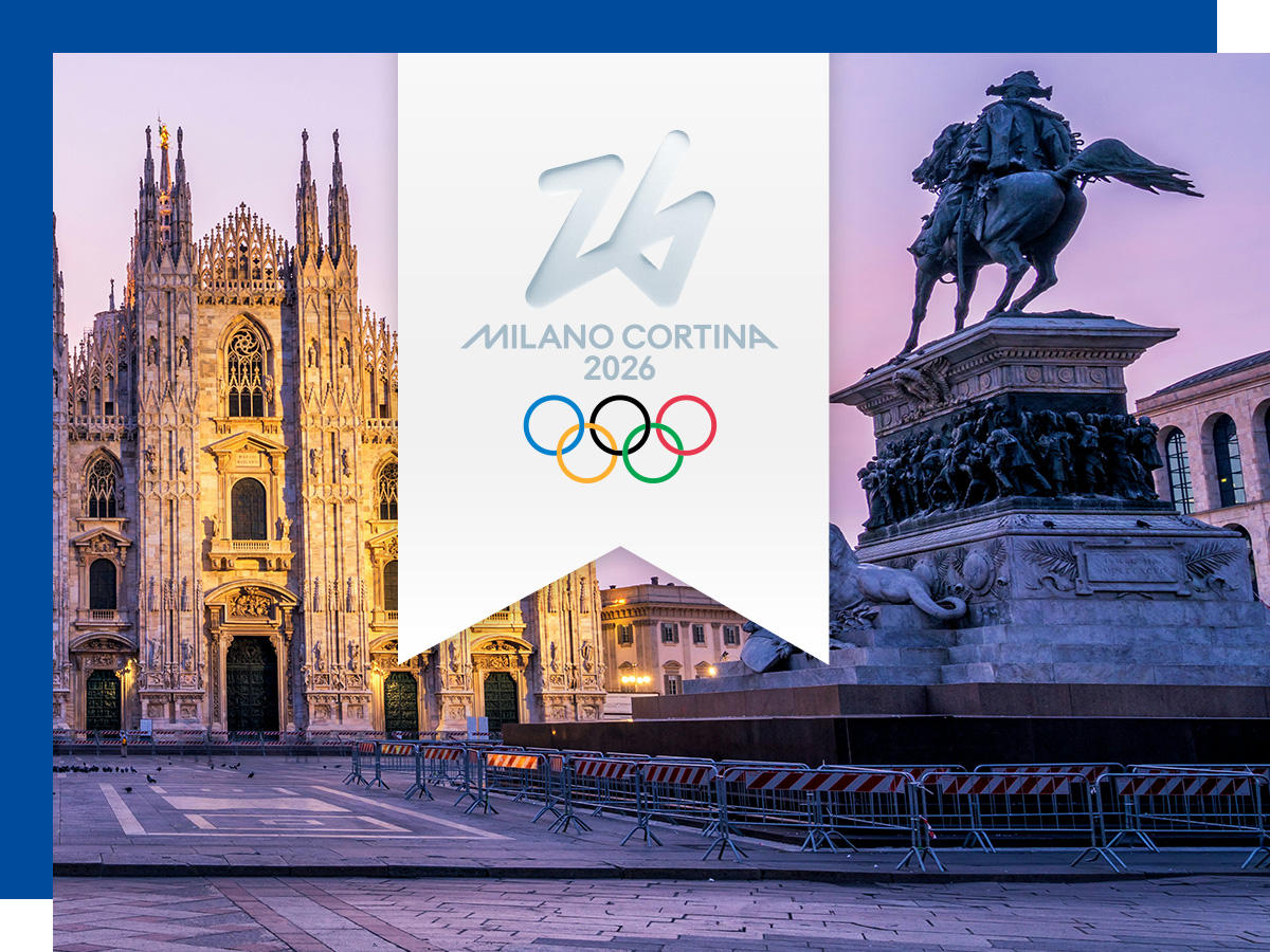 Milano Cortina 2026 Olympics logo with Duomo Cathedral Square in the background