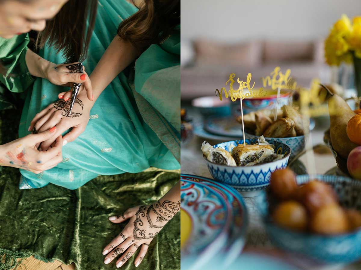 A person receiving decorative Henna. Eid treats of fruit and pastries. Photo credit: Pexels.