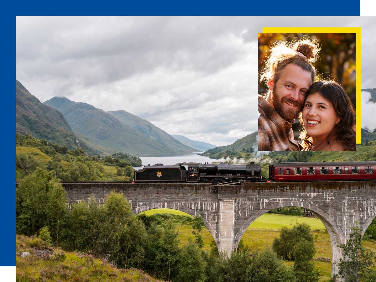 Alia Youssef, Documentary Media (MFA) ’20 and Shawn Hymers, Aerospace Engineering ’19, of Roaming in the Know in the foreground with Glenfinnan Viaduct in Scotland as the background.