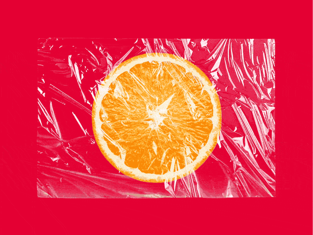 Animation of a plastic food wrap slowly disintegrating to reveal an orange. 