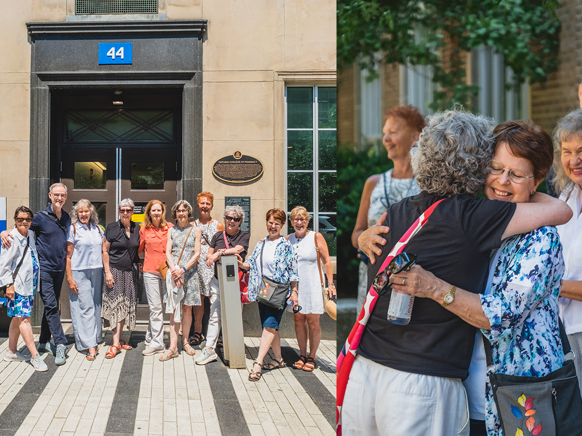 Reunion members from Theatre ’76 standing outside. On the right, two members are hugging.