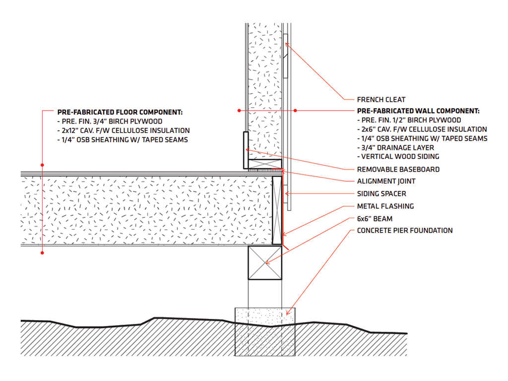 Wall at floor detail showing the joint between prefabricated wood components by Michael Plummer.