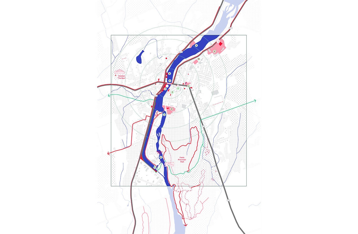 Mapping of the downtown public space linkages in Campbellford, Trent Hills by Gloria Zhou.