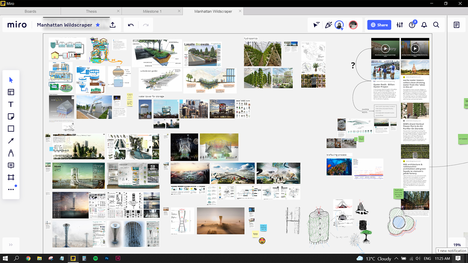 Screenshot of Miro board with design ideas and sketches for the Manhattan Wildscraper Competition.