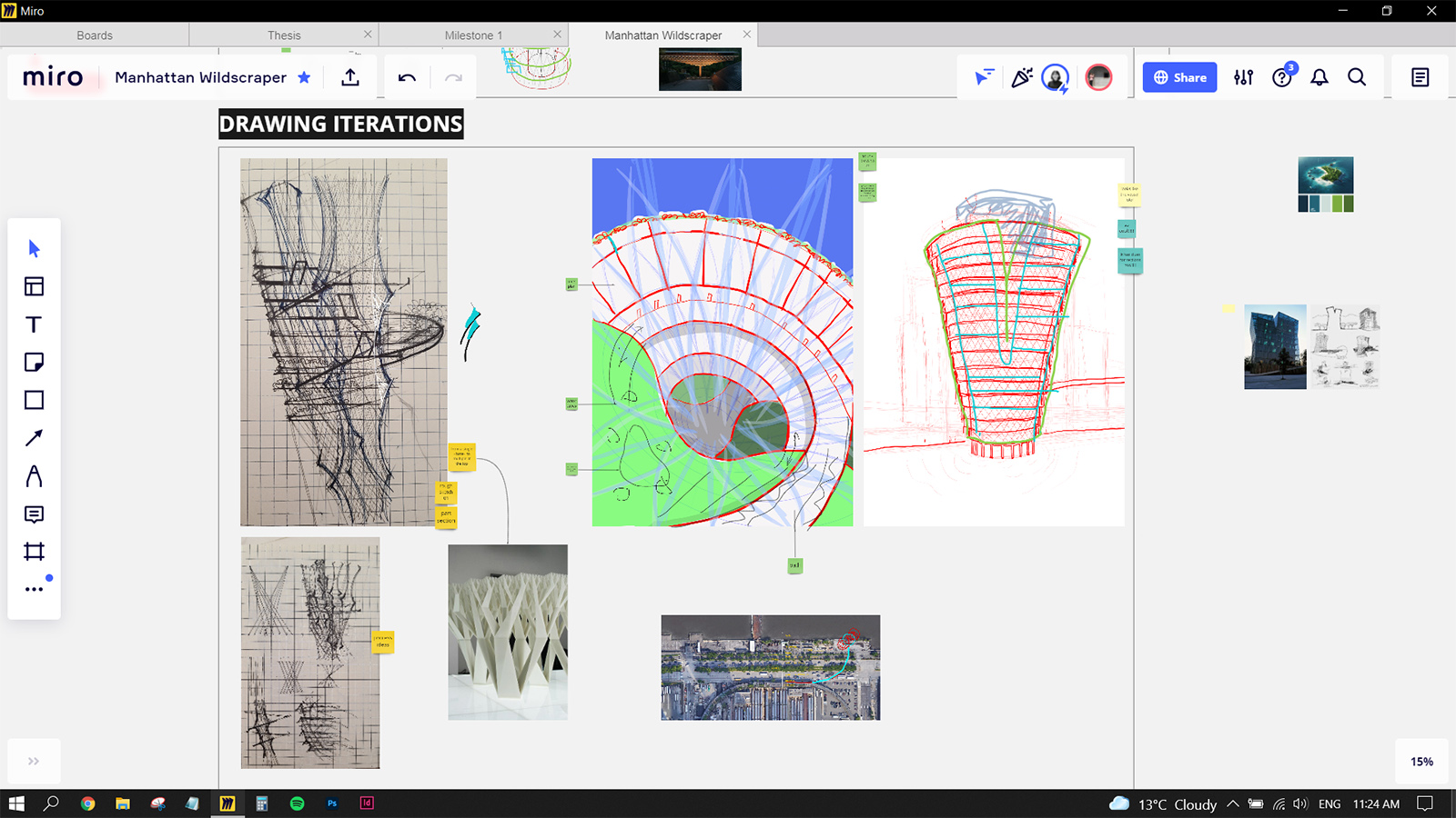 Screenshot of Miro board with design ideas and sketches for the Manhattan Wildscraper Competition.