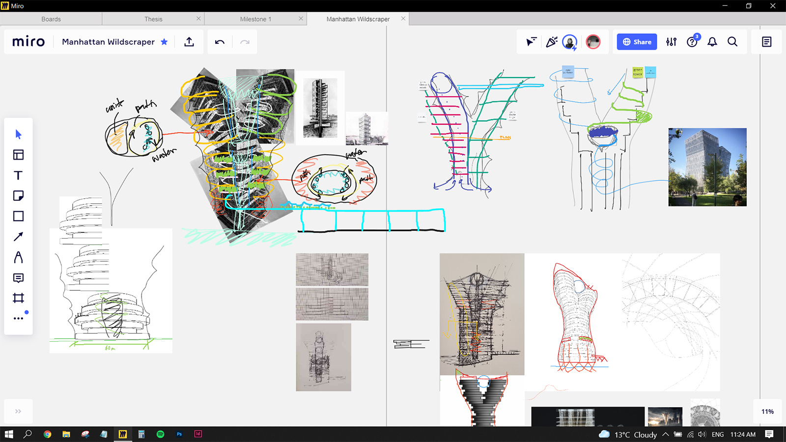 Screenshot of Miro board with design ideas and sketches for the Manhattan Wildscraper Competition.
