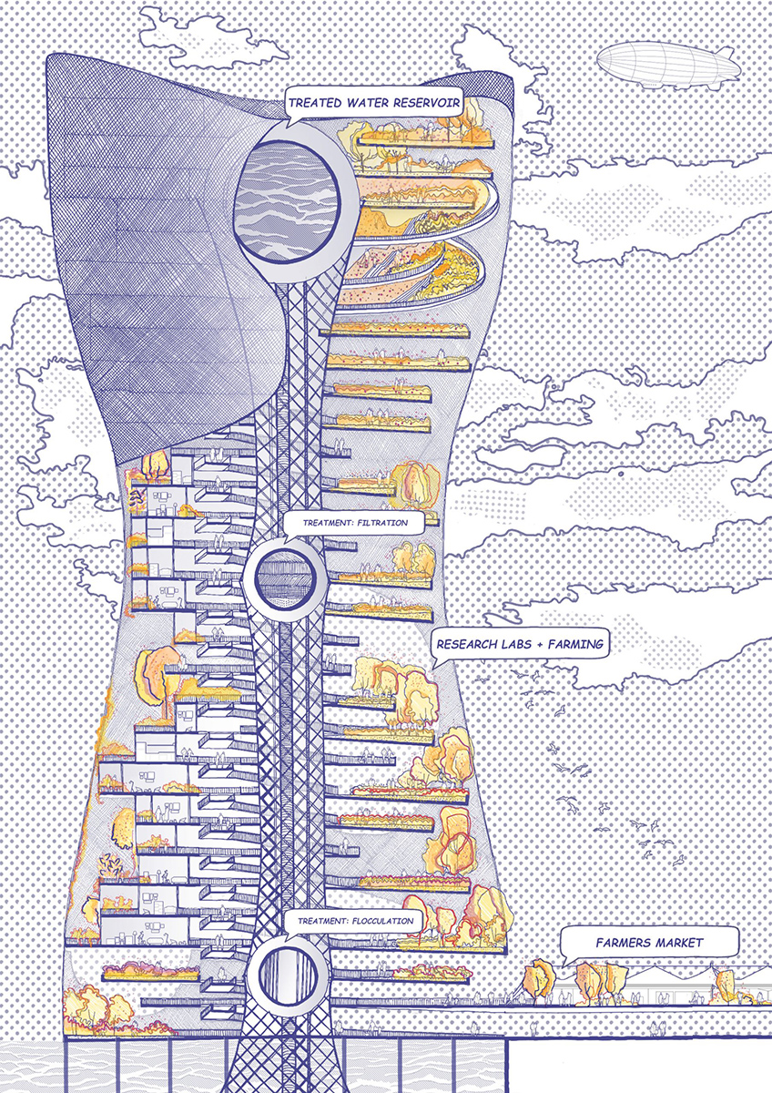 Exterior drawing with a cross-section showing the interior plans for the Living Water Tower. 