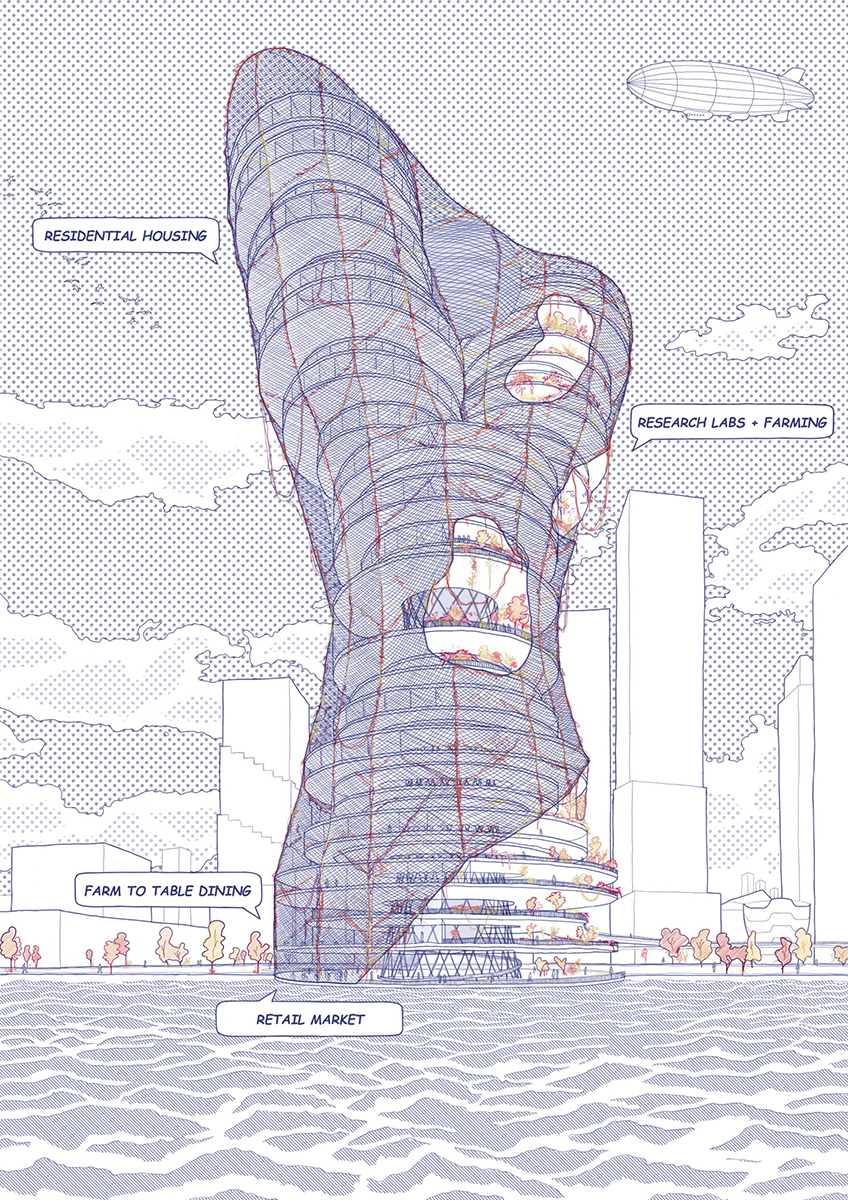 Exterior drawing of the Living Water Tower for the Manhattan Wildscraper Competition.