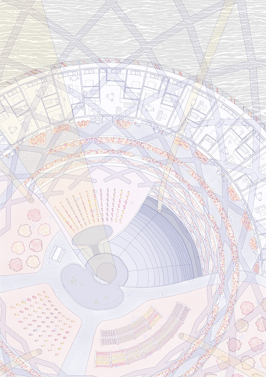 Interior render of the Living Water Tower, featuring several levels. 