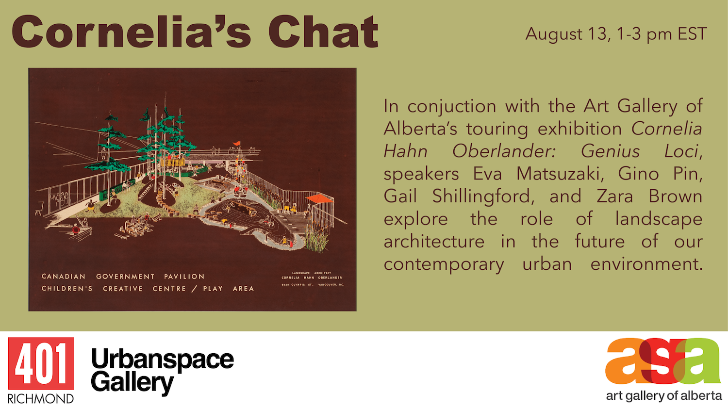 Poster reading "Cornelia's Chat" with a drawing of the Canadian Government Pavilion Children's Creative Space/ Play Area on the bottom. 