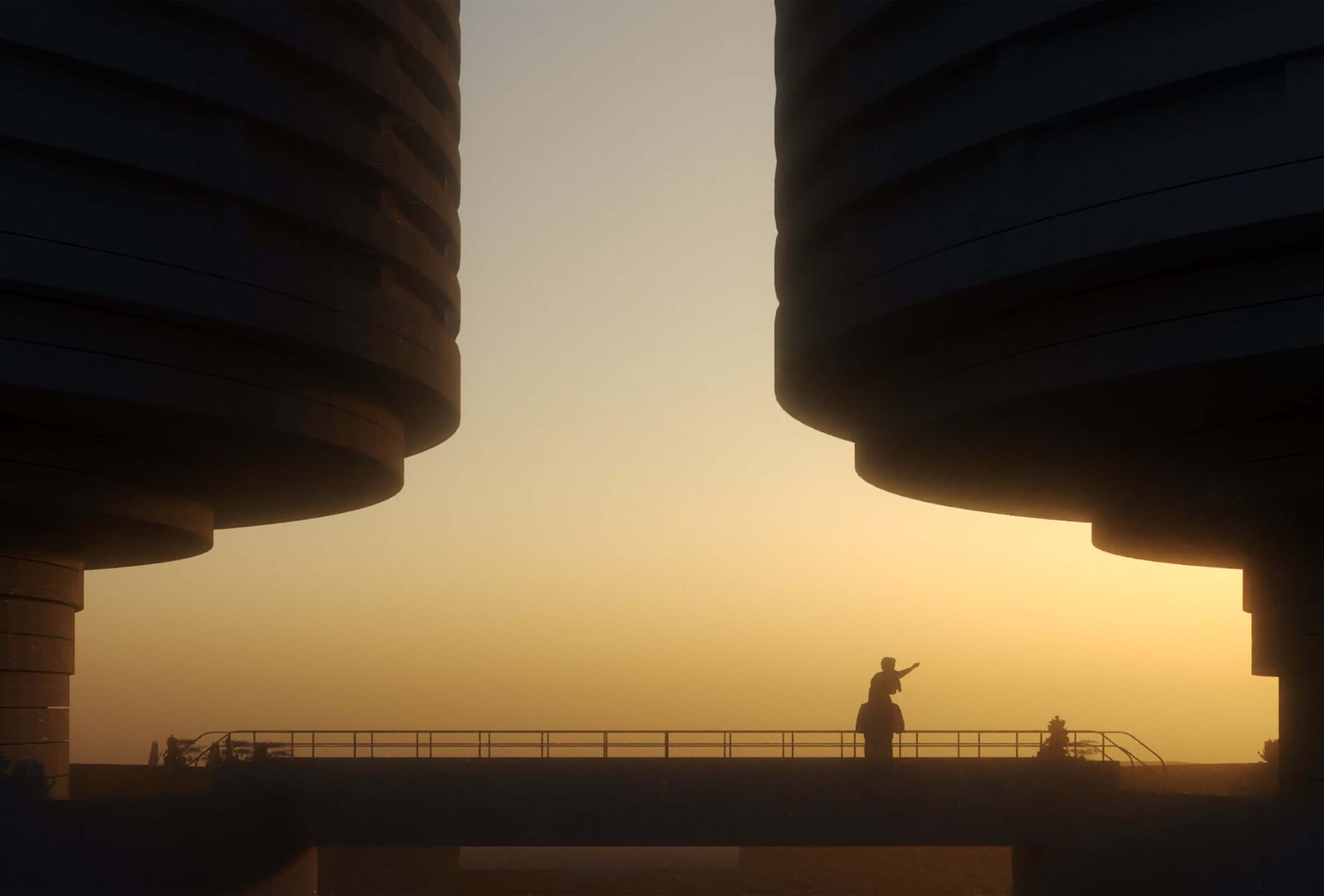 Render of two concrete silos at Zeeburgereiland at sunset. A child sit on their parent's shoulder at the bottom right of one silo. Image courtesy of Elephant. 
