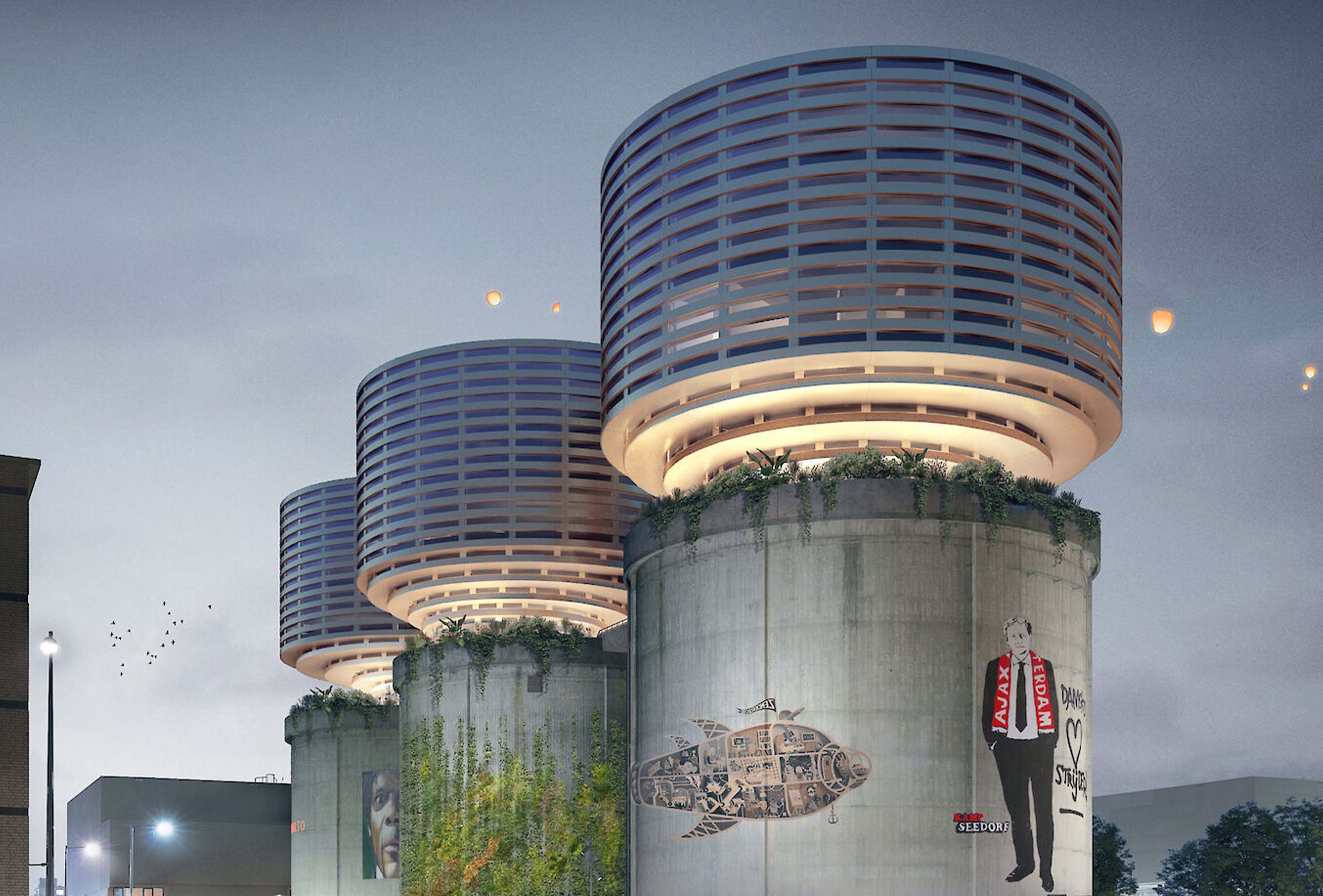 Render of three concrete silos at Zeeburgereiland, remodelled to have public programming. Image courtesy of Elephant. 