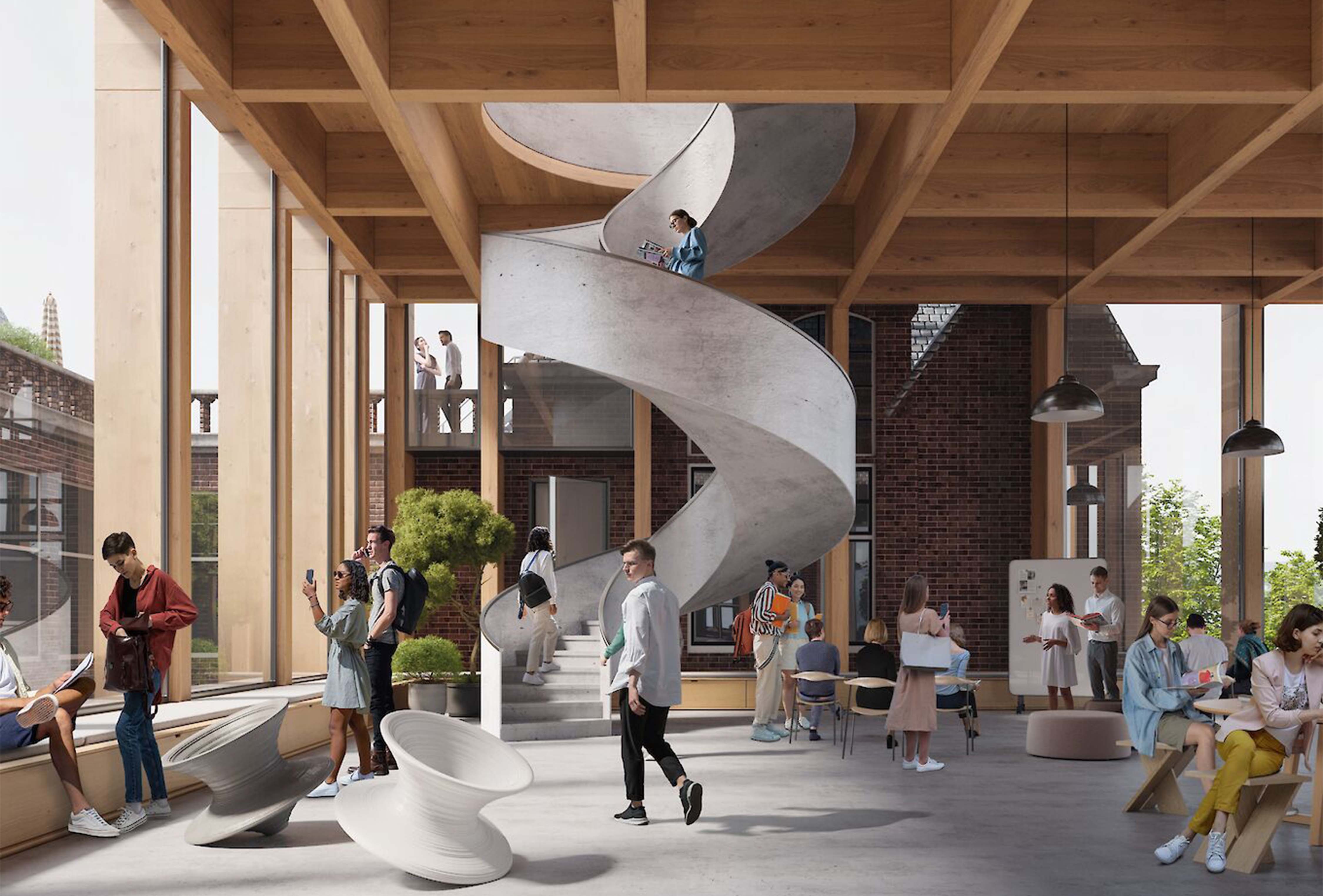 Interior render of the University College Groningen. Students stand and sit around a room with a swirling concrete staircase. Image courtesy of Elephant. 