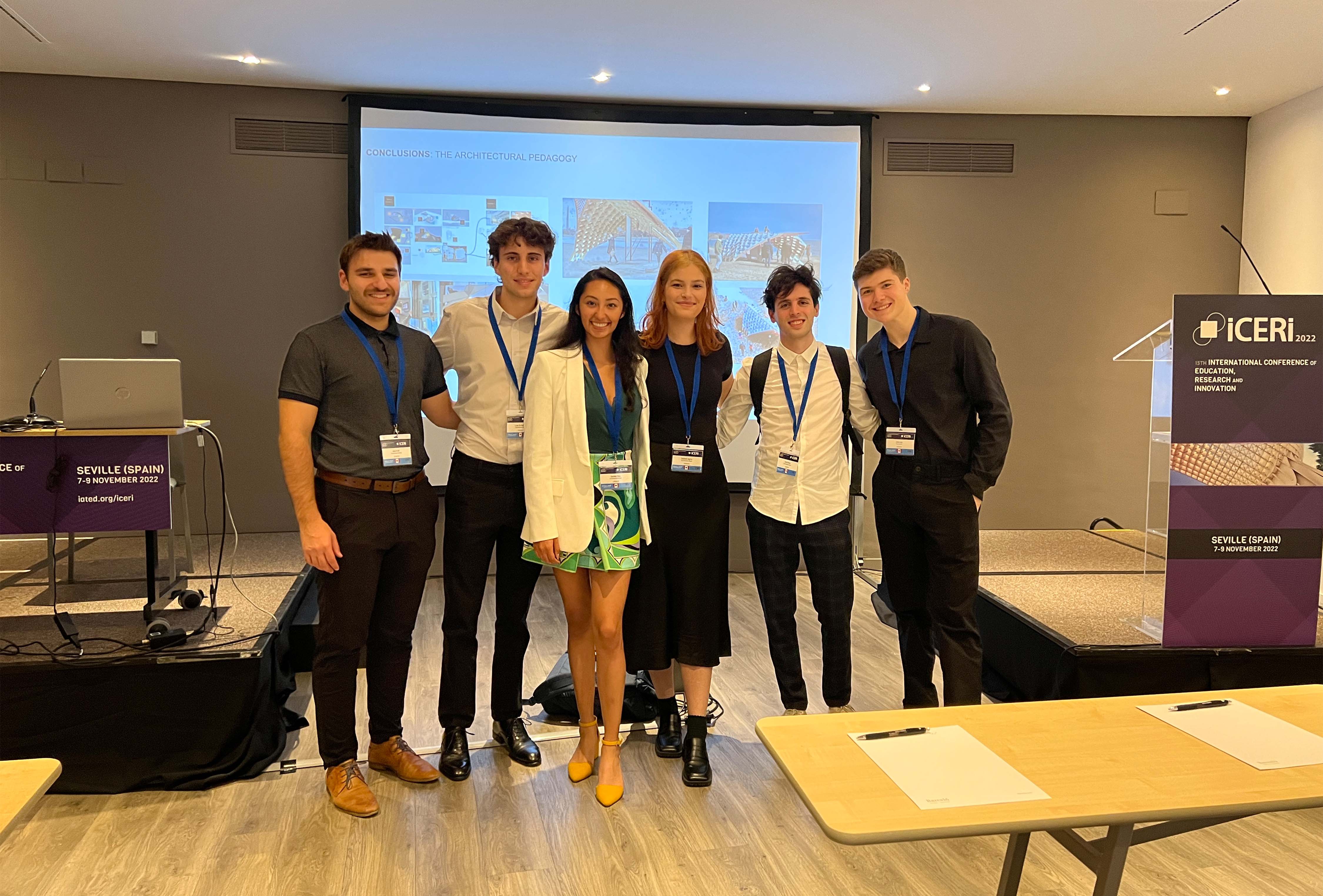 Undergraduate students Ariel Weiss, Jakey Levy, Jake Kroft, Luke De Bartolo, Sadberk Agma, and Daniela Diaz presenting at the International Conference of Education, Research and Innovation.