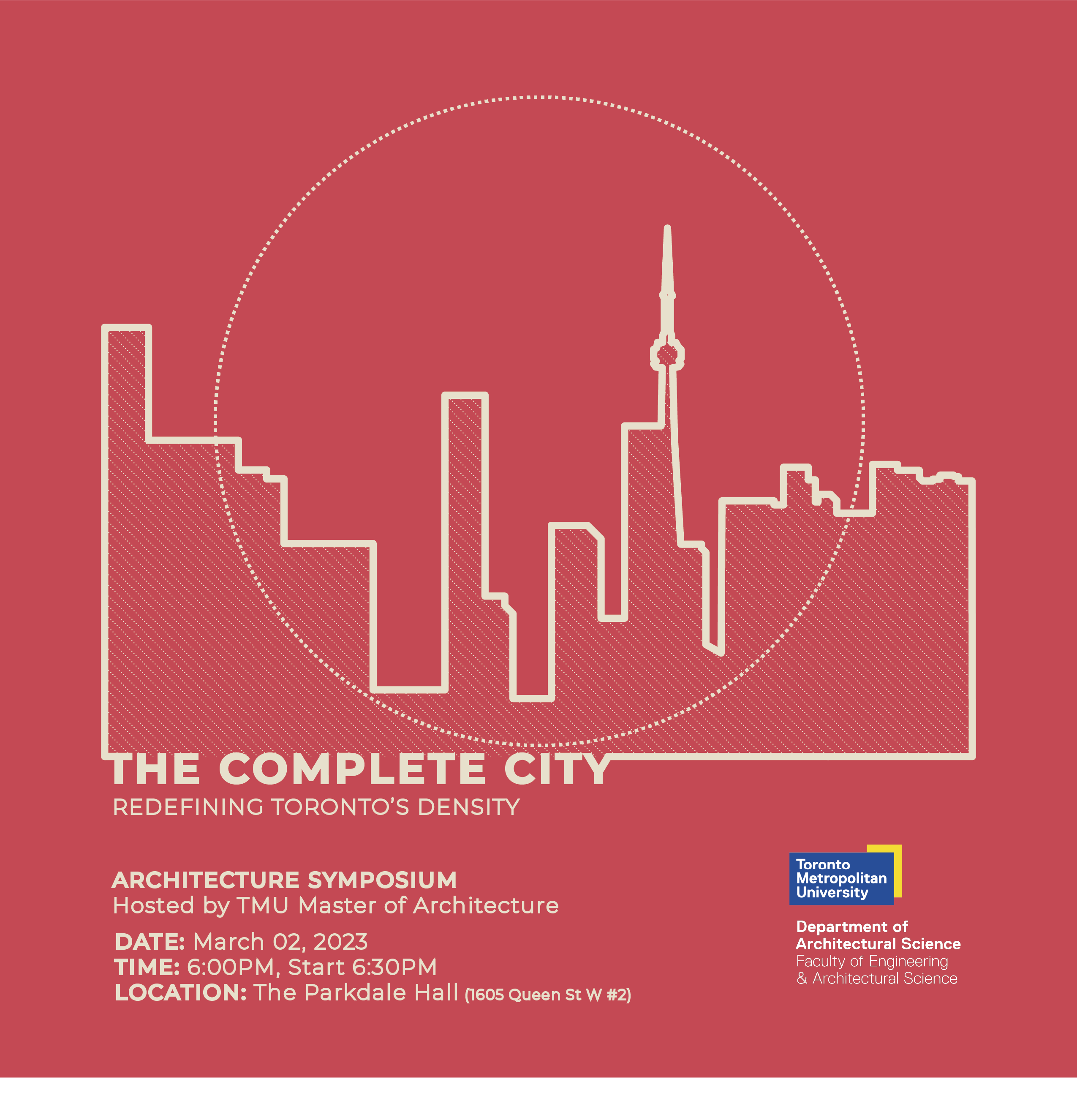 Red graphic with a white line drawing of Toronto's cityline. Text reads The Complete City Redefining Toronto's Density.
