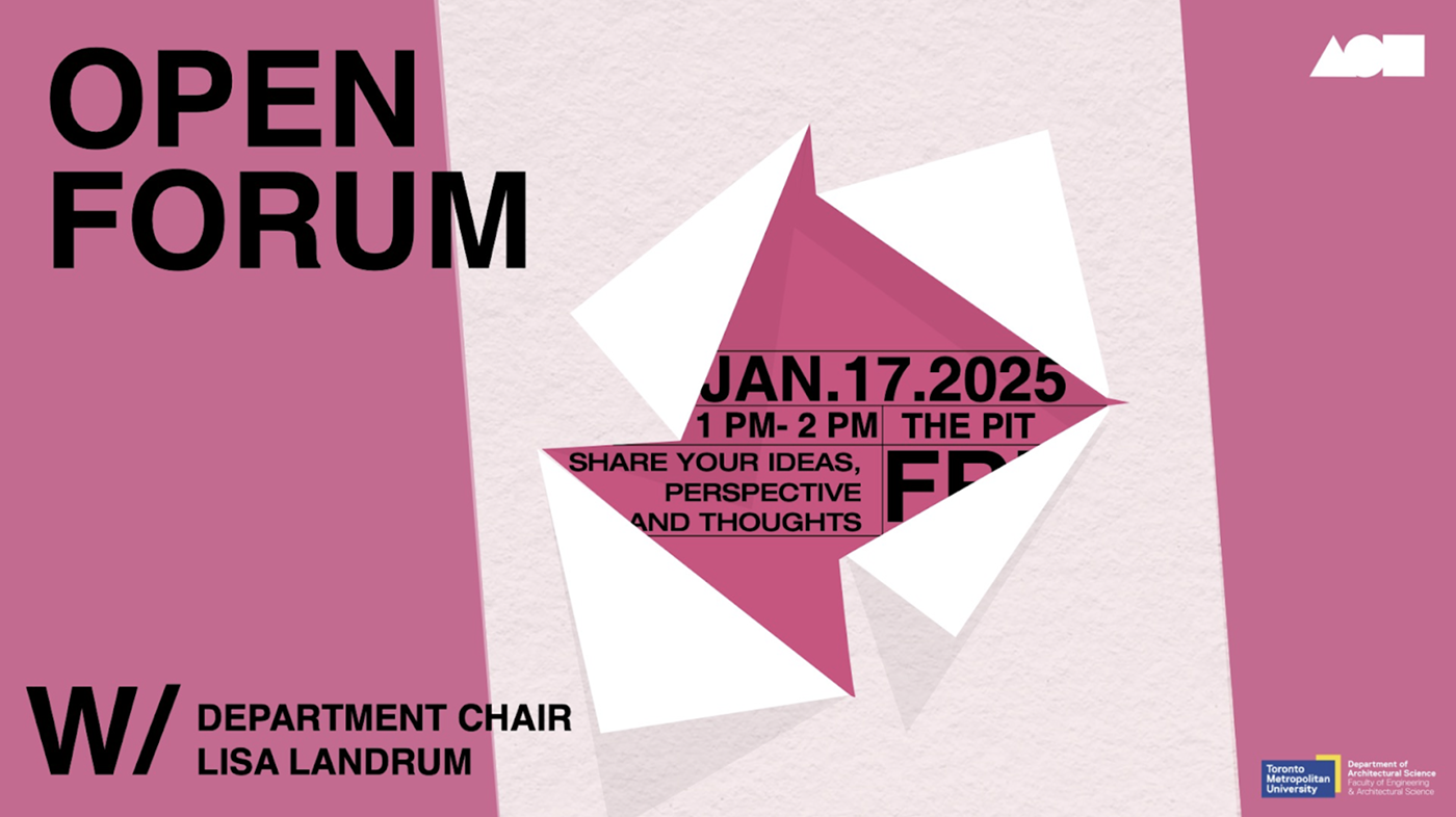 An abstract flyer with a pink background and a white origami-like envelope at the center. The envelope graphic has text inside about an "OPEN FORUM" on "JAN.17.2025" at "THE PIT".