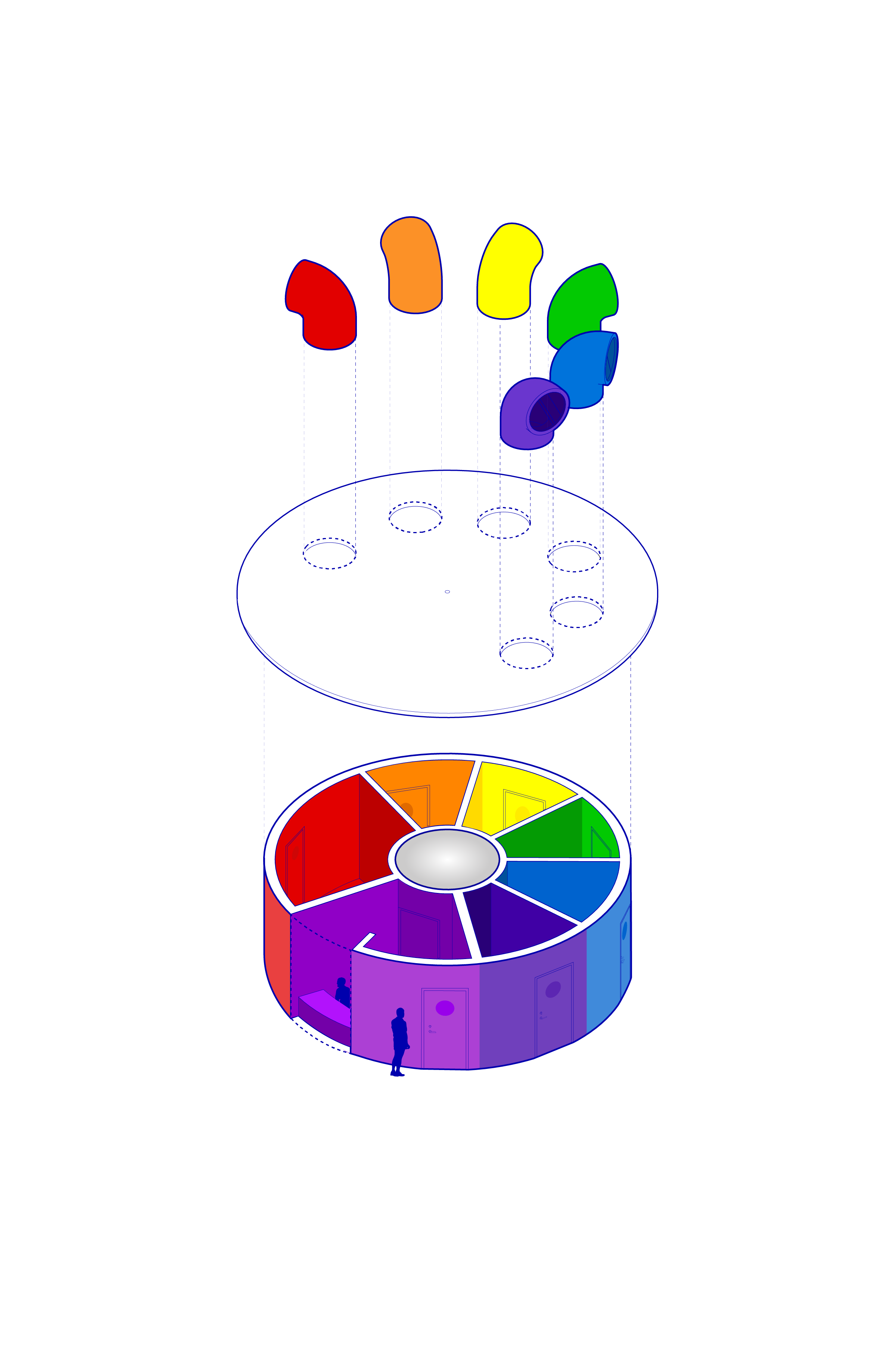 An architectural diagram on a white background shows a circular structure in two parts. The top part is an exploded view of a round platform with dotted lines leading down to five colorful, elbow-shaped objects in rainbow order. The bottom part is an isometric view of the structure, showing a central gray cylinder surrounded by six wedge-shaped rooms, each painted a different color of the rainbow and featuring a person standing in the purple room.