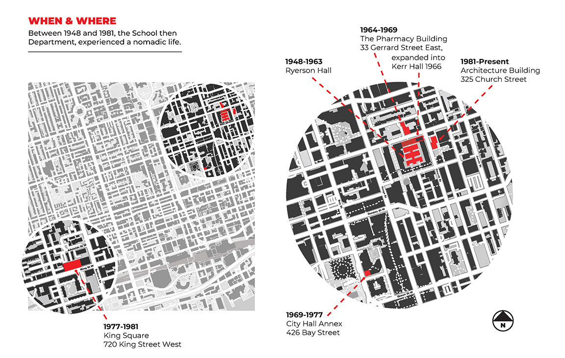 A diagram titled "When & Where" shows the nomadic history of a school department from 1948 to the present. On the left, a simplified street map of a city highlights two locations in red. On the right, a more detailed map in a circular shape uses red lines to point to four different buildings and their corresponding dates and addresses.