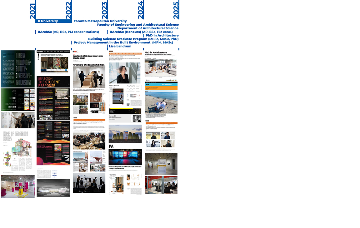 A wide, black image with a vertical timeline on the left side, featuring the years 2021 through 2025. Below each year is a collage of architectural designs, building plans, and photos of people, representing a portfolio of work and academic achievements.